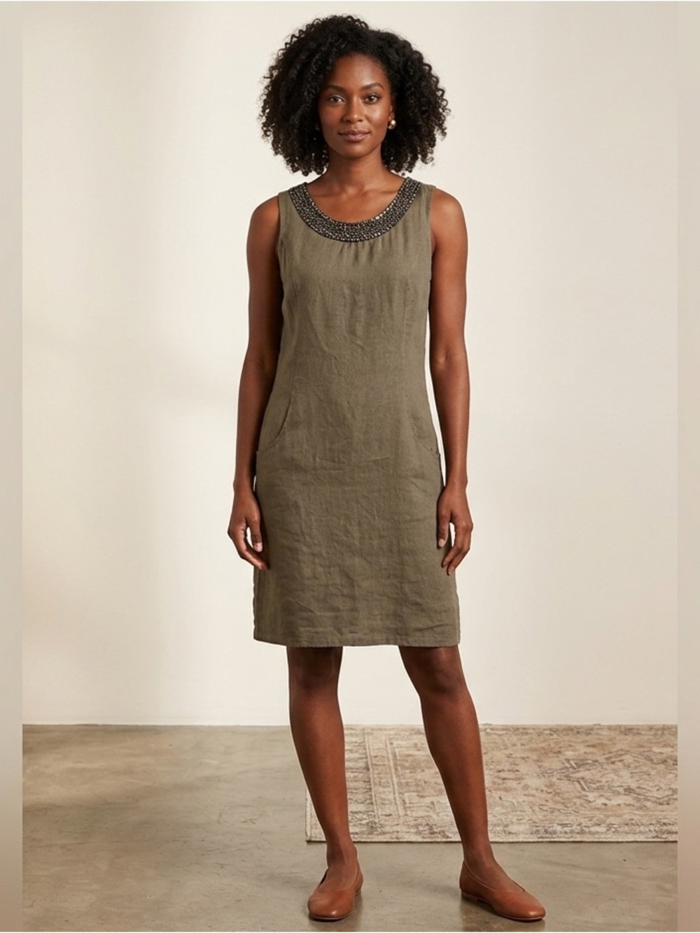 Italian boutique linen dress size medium with bead work at neck line